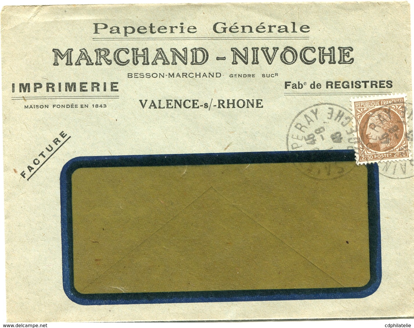 FRANCE LETTRE A ENTETE COMMERCIALE "PAPETERIE GENERALE MARCHAND-NIVOCHE..." DEPART SAINT-PERAY 31-8-4(8) ARDECHE - 1945-47 Ceres Of Mazelin