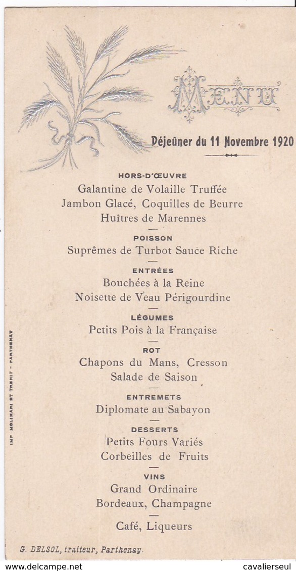 MENU  - 11 NOVEMBRE 1920 - DELSOL , PARTHENAY - Menú