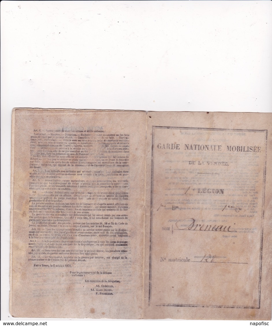 Livret De Garde Nationale Mobilisée De Vendée 1 ère Légion La Roche-sur-Yon 1870 - Documents