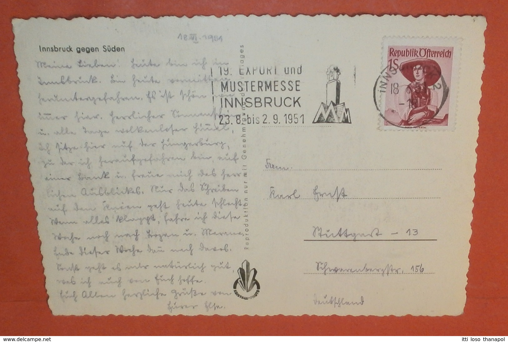 ÖSTERREICH 911 FM -- 18.06.1951 + SST -- AK: Innsbruck Von Norden -- Brief Postcard (2 Foto)(60584) - Briefe U. Dokumente