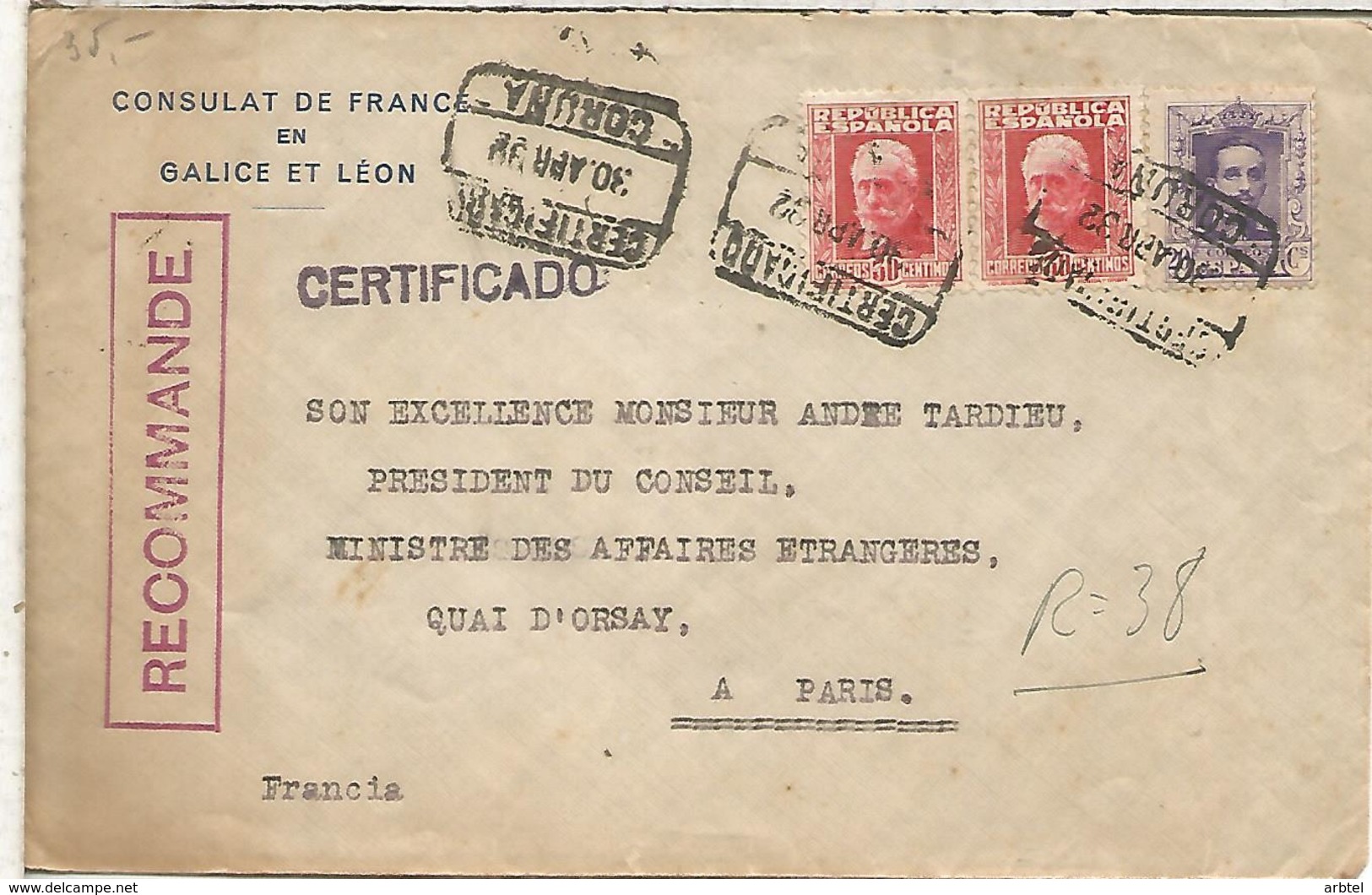 CORUÑA SEGUNDA REPUBLICA CC CERTIFICADA A PARIS FRANQUEO MIXTO CON VAQUER ALFONSO XIII 1932 AL DORSO AMBULANTE MADRID CO - Cartas & Documentos