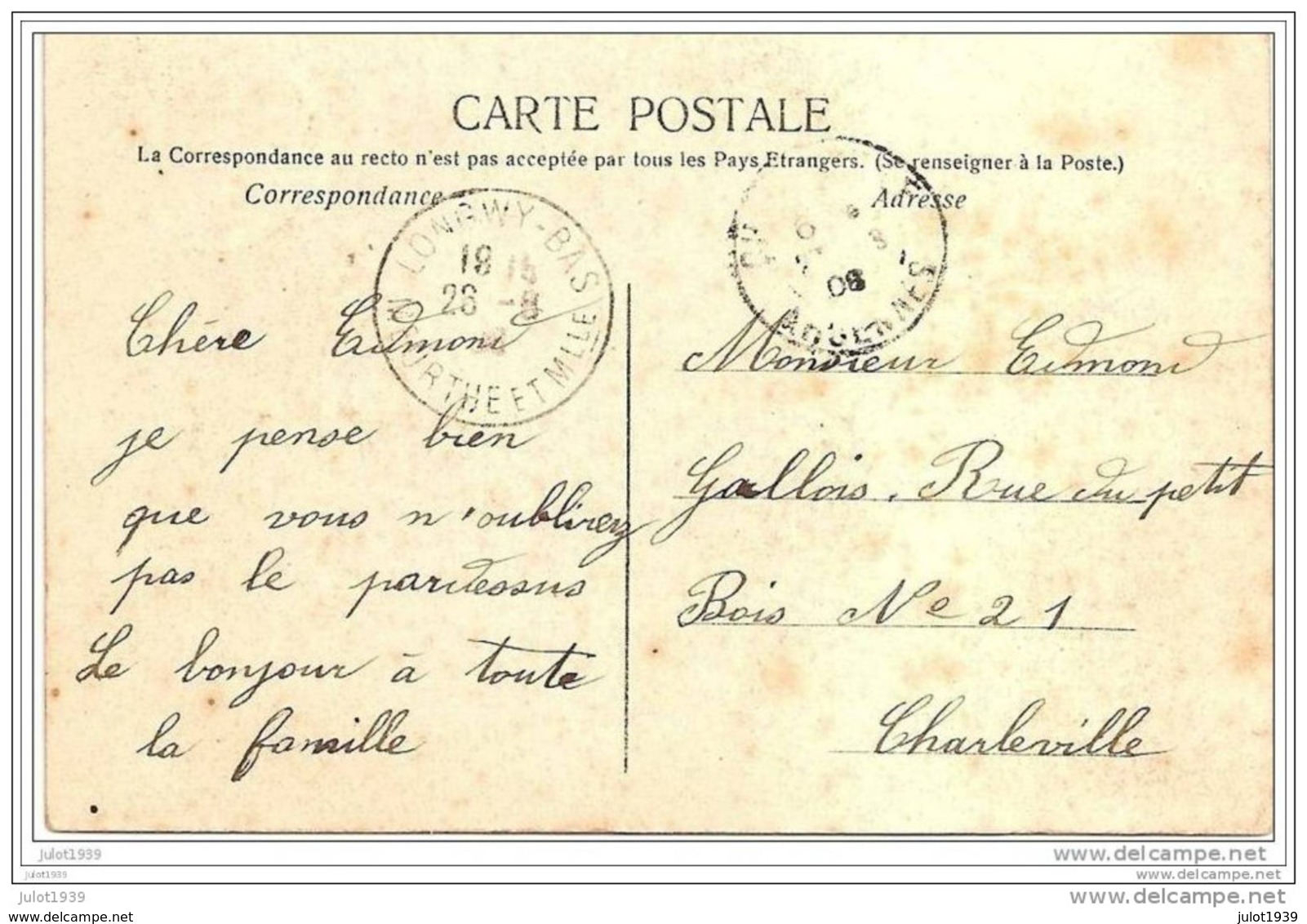 MAISSIN ..-- Le Chalet . 1908  De POIX  Vers CHARLEVILLE ( Mr Edmond GALLOIS ) .  Voir Verso . - Paliseul