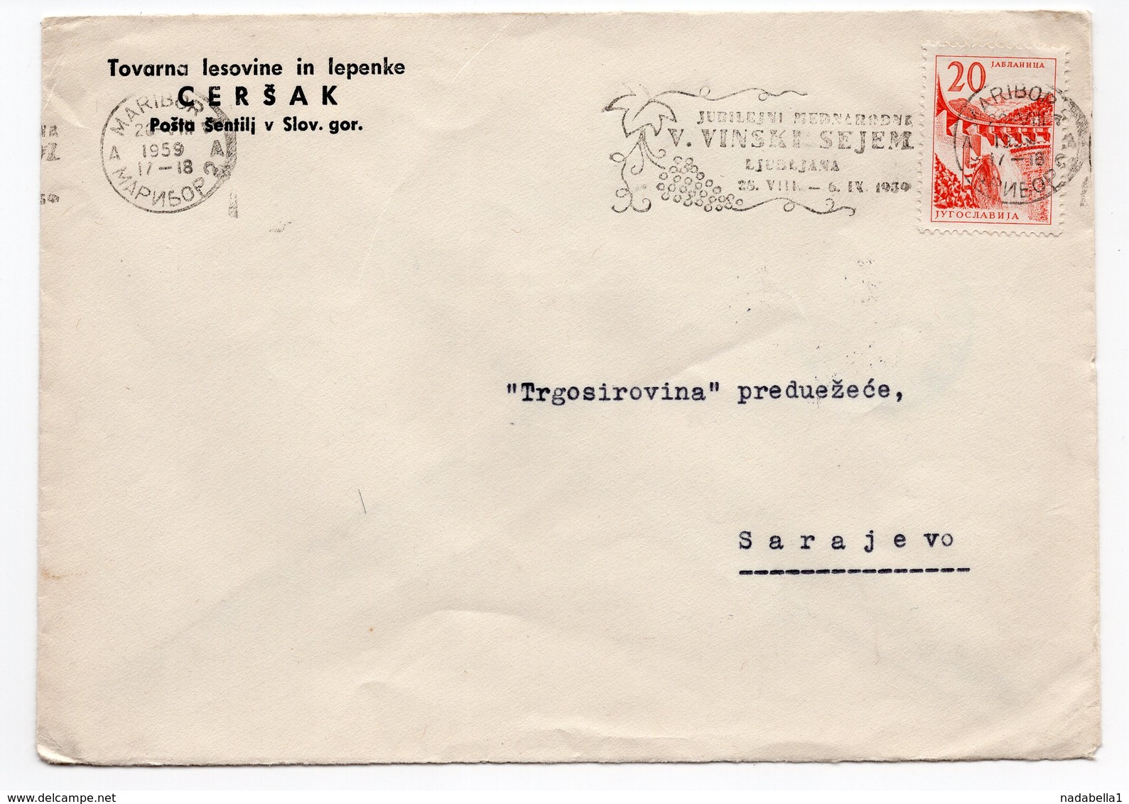 1959 YUGOSLAVIA, SLOVENIA, MARIBOR TO SARAJEVO, CERŠAK, FLAM VINSKI SAJAM - Covers & Documents