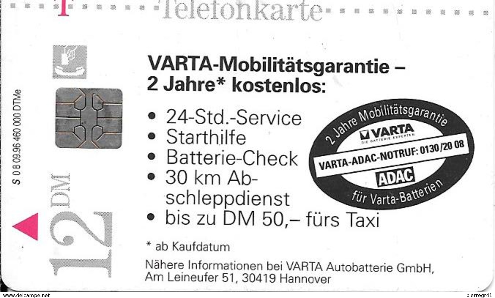 CARTE-PUCE-ALLEMAGNE-12DM-SO5-PUB BATTERIE VARTA-UTILISE-TBE - S-Series : Guichets Publicité De Tiers