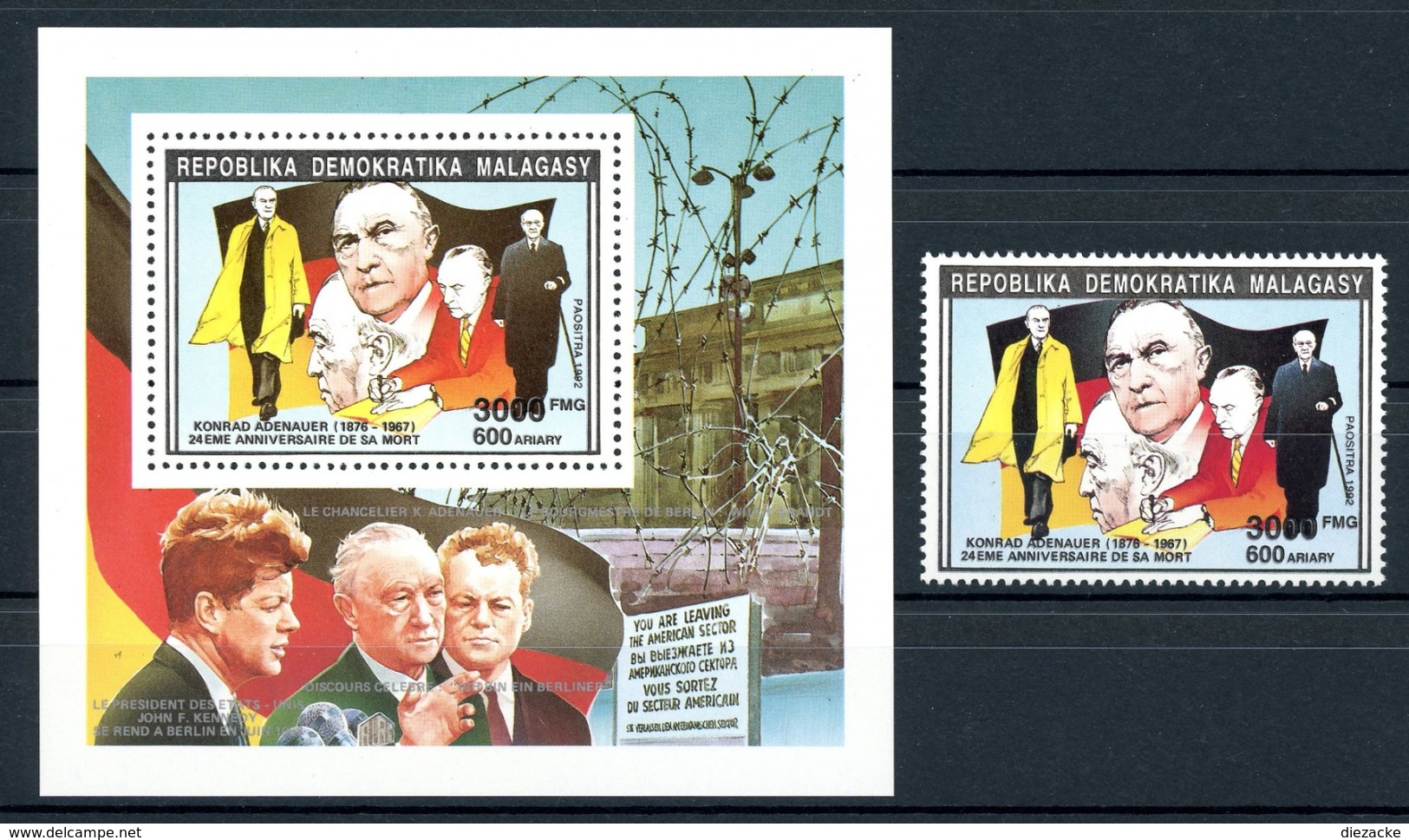 Madagaskar MiNr. 1395 II A + Einzelblock Postfrisch MNH Adenauer (O6371 - Madagaskar (1960-...)