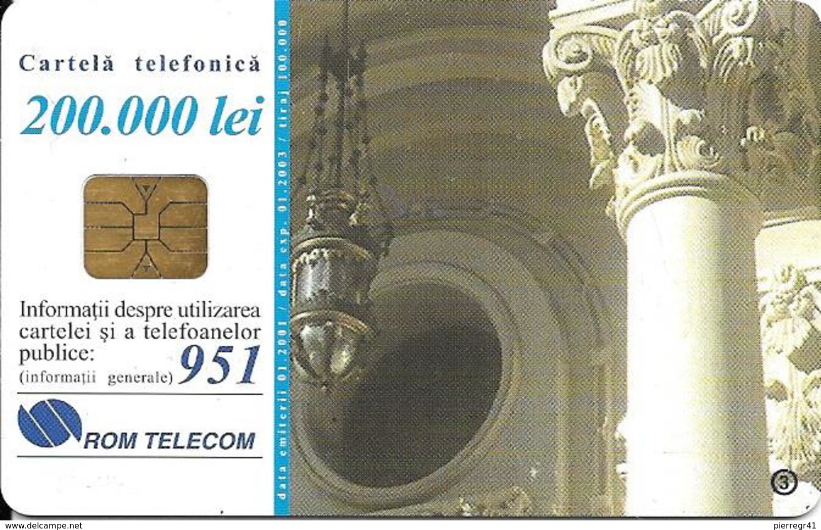 CARTE-PUCE-ROUMANIE-SA1-200000 Lei-ROMTELECOM-PALAIS COTROCENI BUCAREST-UTILISE-TBE - Roumanie