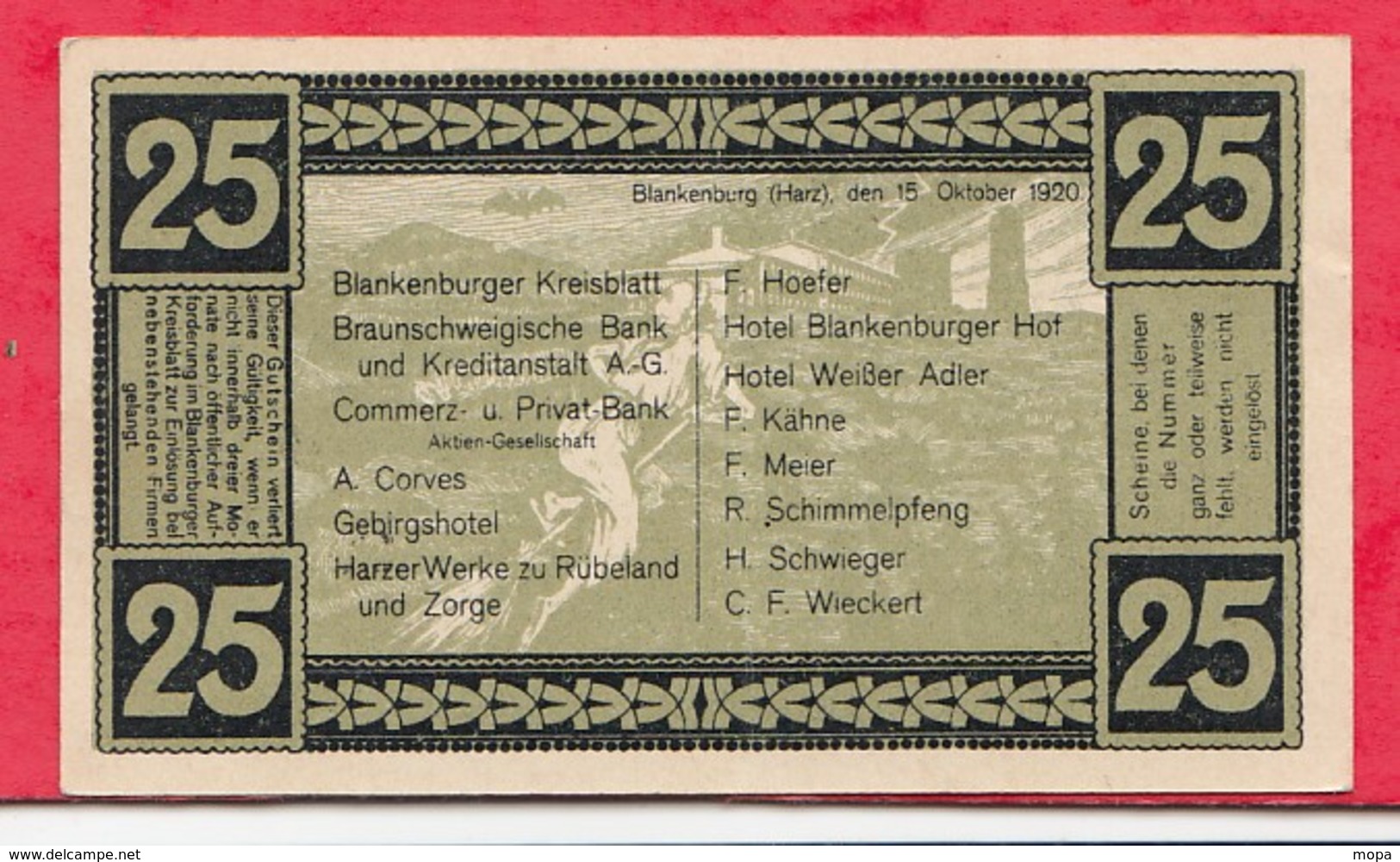 Allemagne 1 Notgeld De 25 Pfenning  Stadt Blankenburg Dans L 'état  N °3894 - Collections