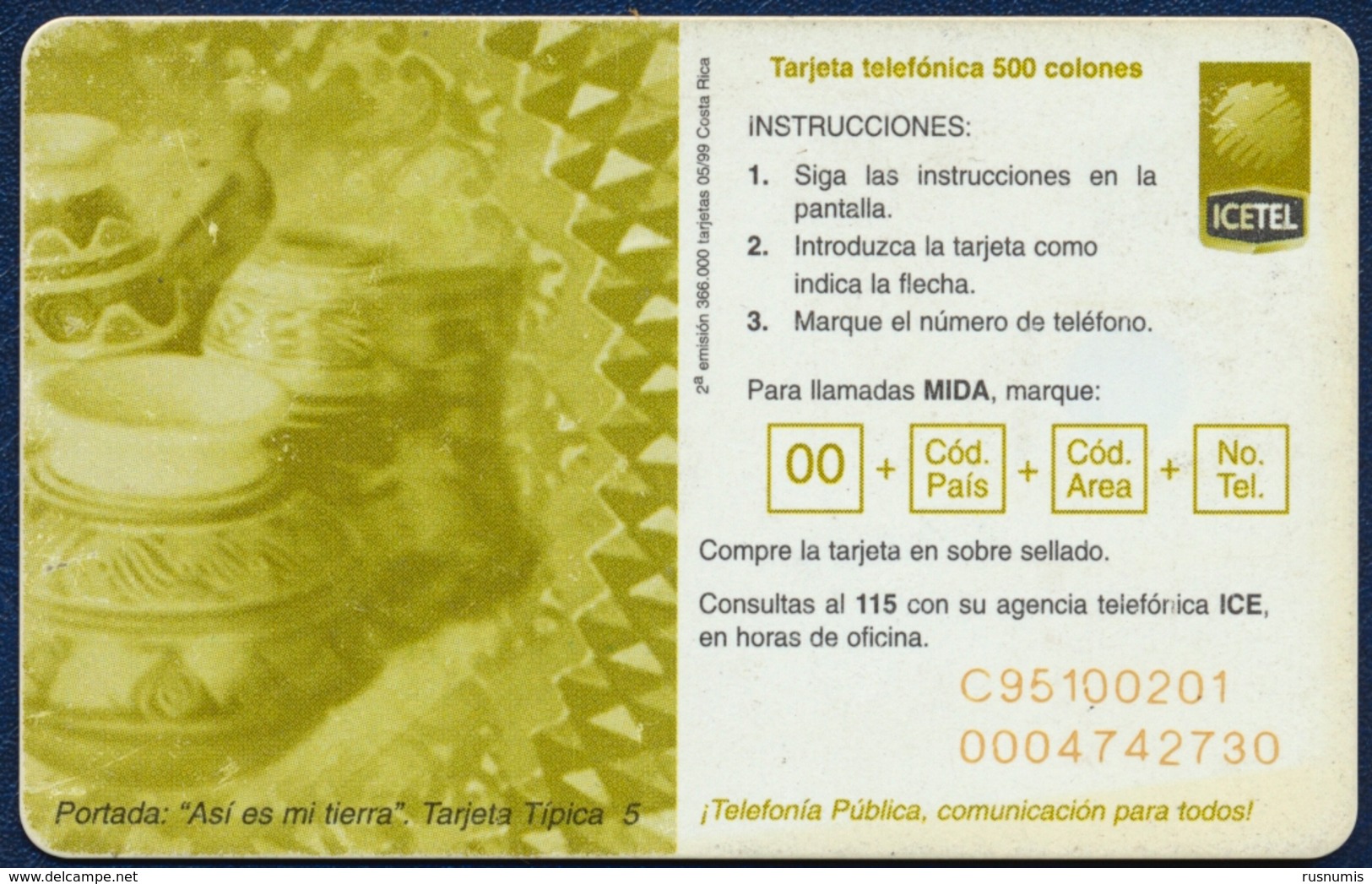 COSTA RICA ICETEL 500 COLONES UNITS CHIP PHONECARD TELECARTE TRADITIONAL HANDYCRAFT POTTERY GOOD USED - Costa Rica