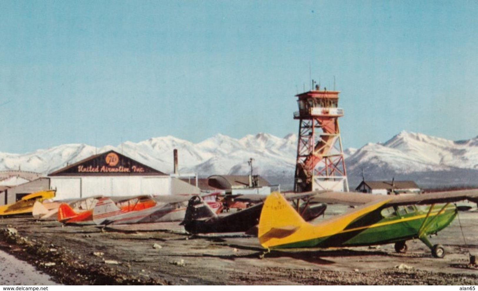 Merrill Field Anchorage Alaska, Small Single-engine Planes On Ground United Airmotive Inc, C1950s/60s Vintage Postcard - Aerodromi