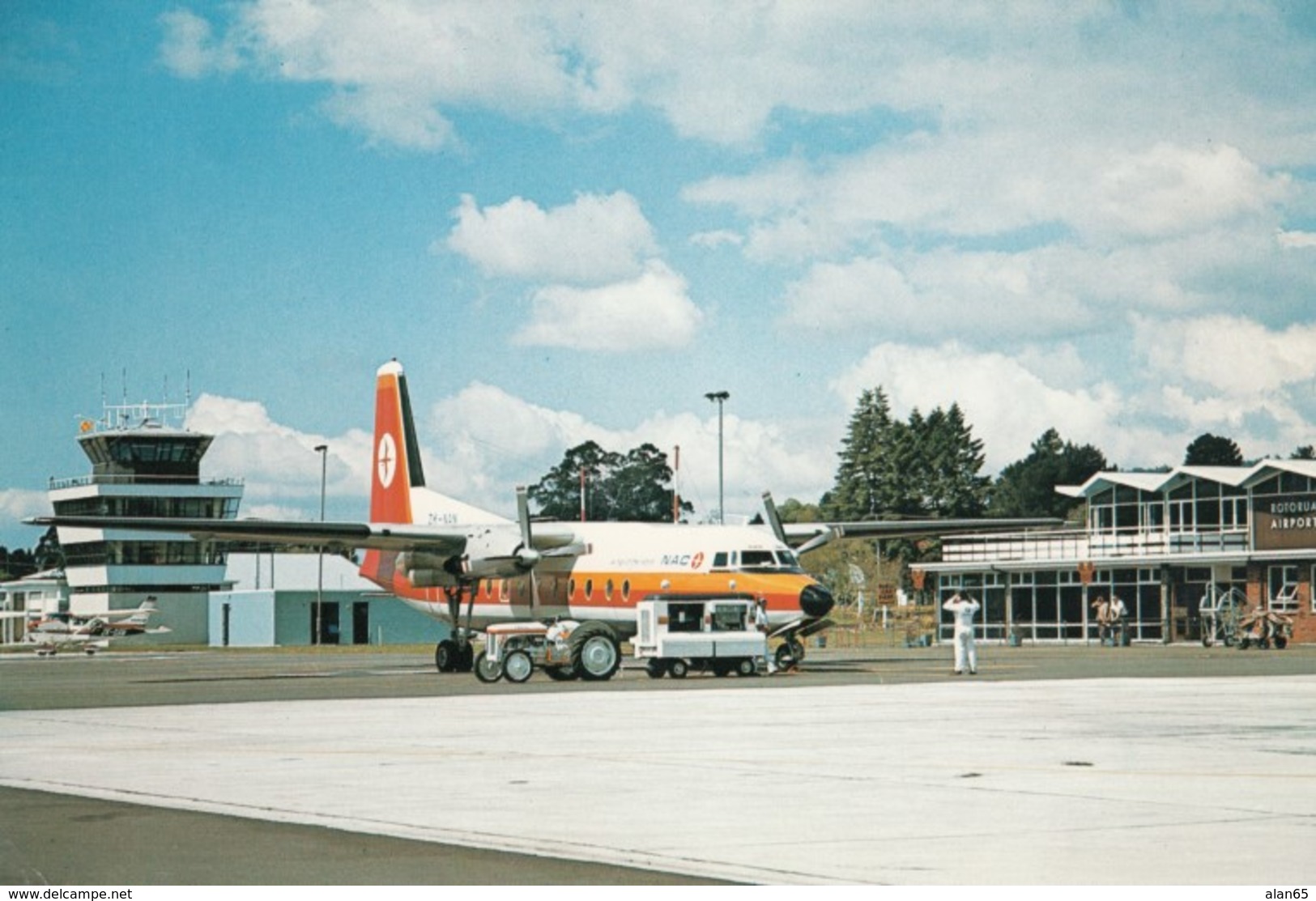 Rotura Airport, New Zealand, NAC Propeller Plane Equipment On Tarmac Terminal Building C1970s/80s Vintage Postcard - Aerodromes