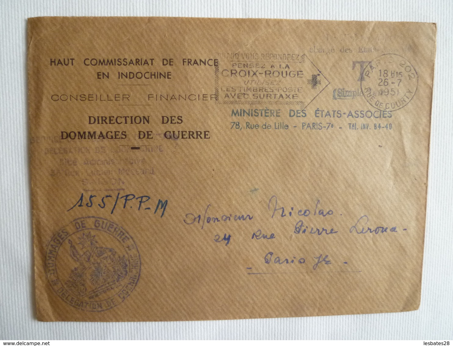 HAUT COMMISSARIAT DE FRANCE EN INDOCHINE DIRECTION DES DOMMAGES DE GUERRE SAIGON  CACHET Flamme Croix Rouge Taxe Simple - Lettres & Documents