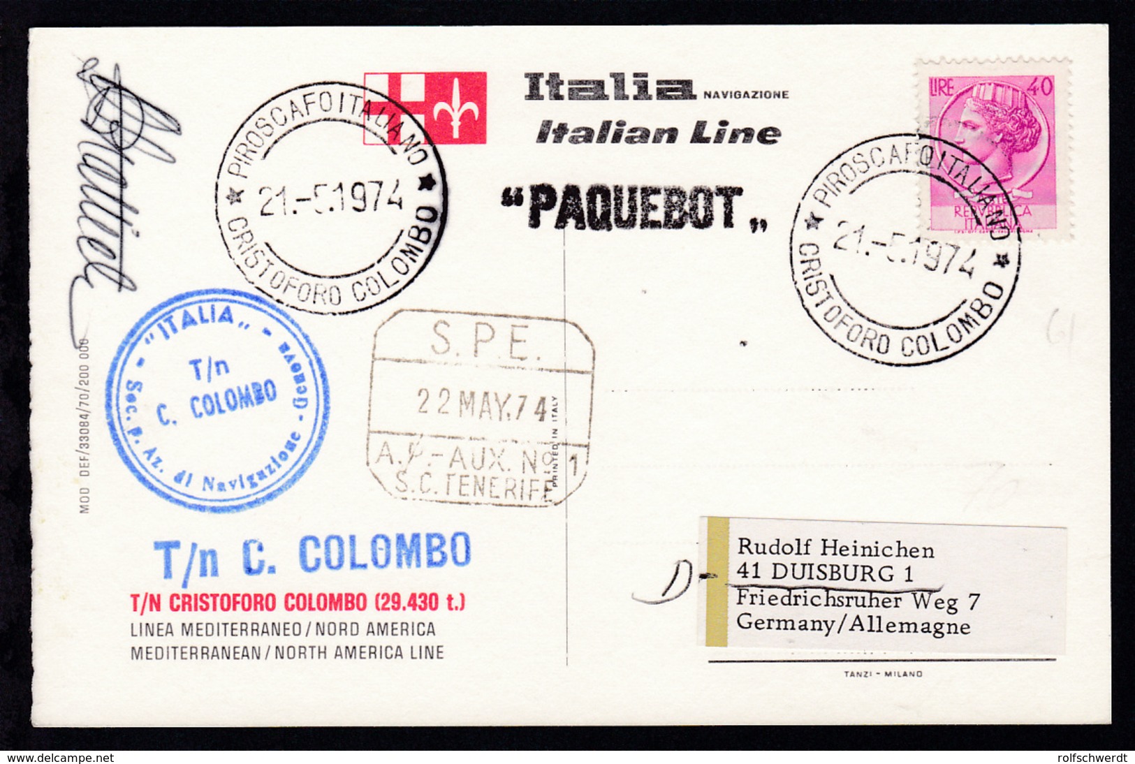 PIROSCAFO ITALIANO CRISTOFORO COLOMBO 28.3.1974 + L1 + Bordstempel Auf CAK  - Sonstige & Ohne Zuordnung