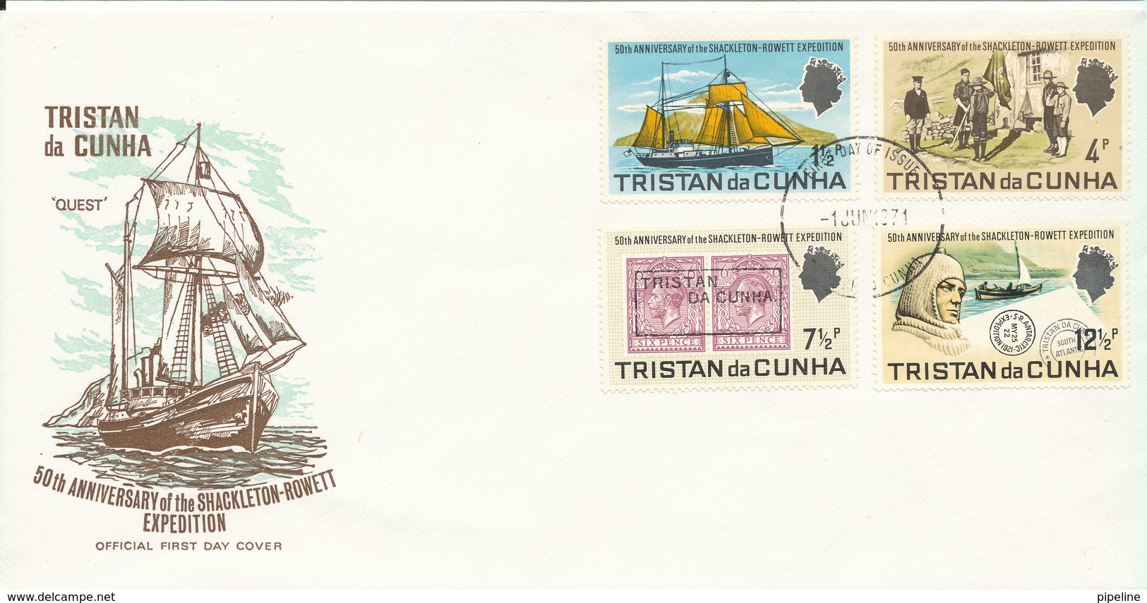 Tristan Da Cunha FDC 1-6-1971 50th Anniversary Of The Shackleton Rowett Expedition Complete Set Of 4 With Cachet - Tristan Da Cunha