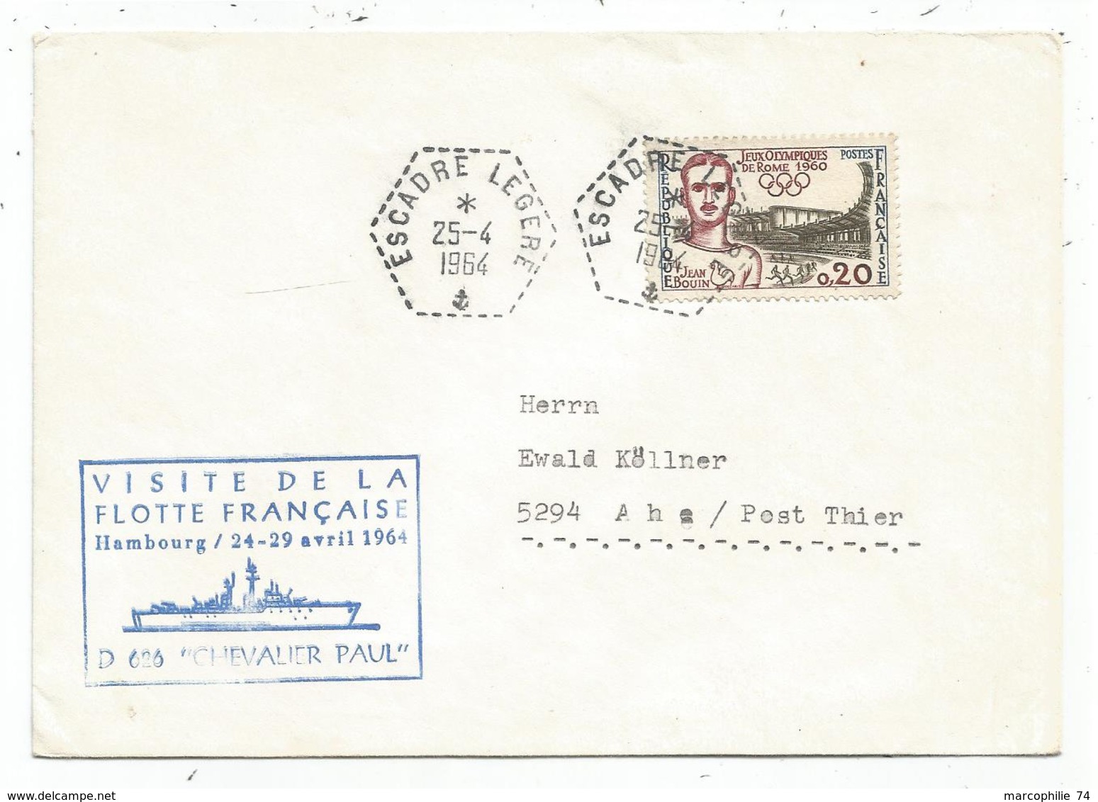 20C JO ROME  LETTRE C. HEX PERLE ESCADRE LEGERE 25.4.1960 + GRIFFE BLEUE VISITE FLOTTE FRANCAISE HAMBOURG D 626 - Naval Post