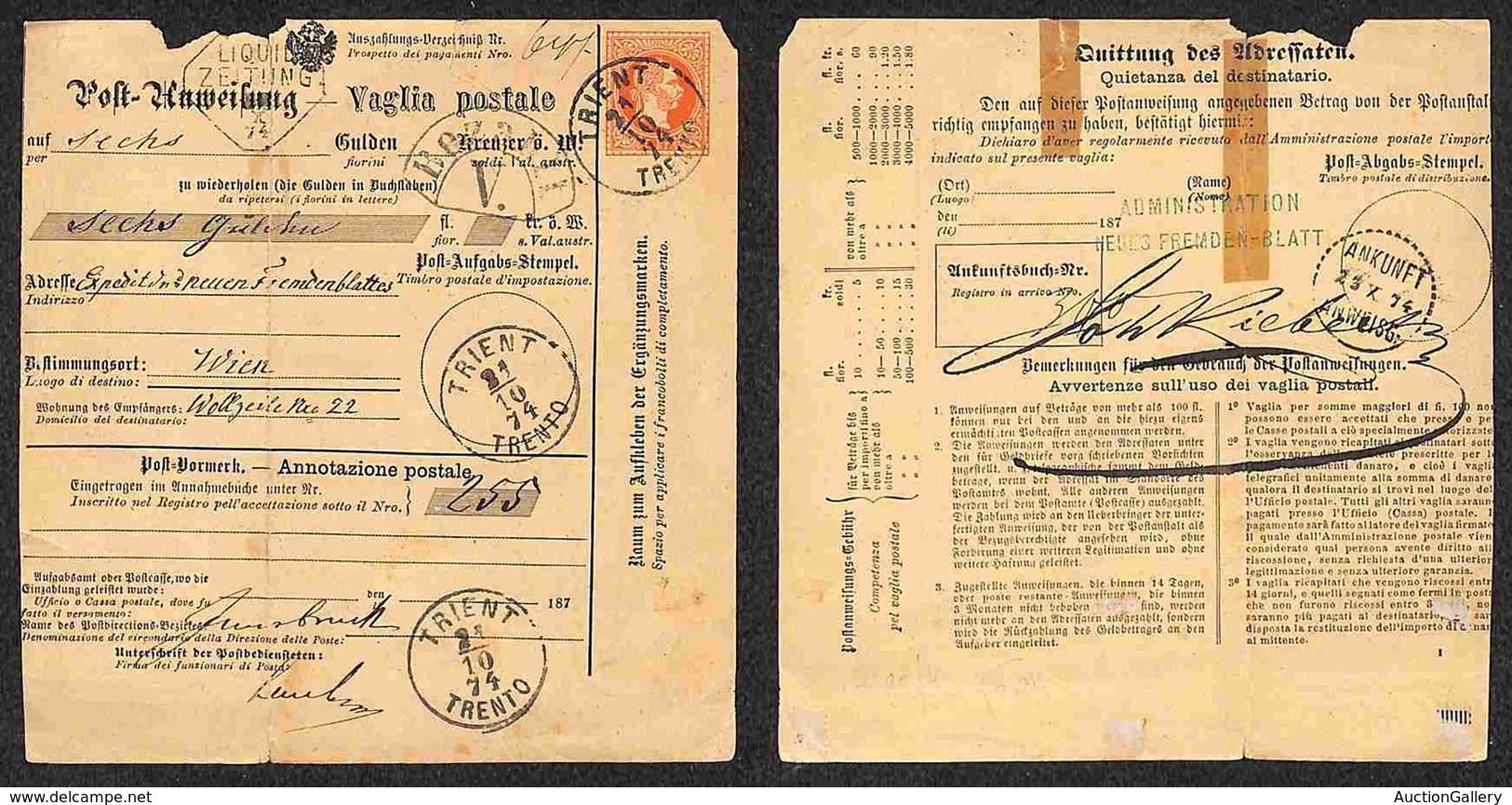 ANTICHI STATI - LOMBARDO VENETO - Vaglia Postale Da Trento A Vienna Del 21.10.74 - Other & Unclassified