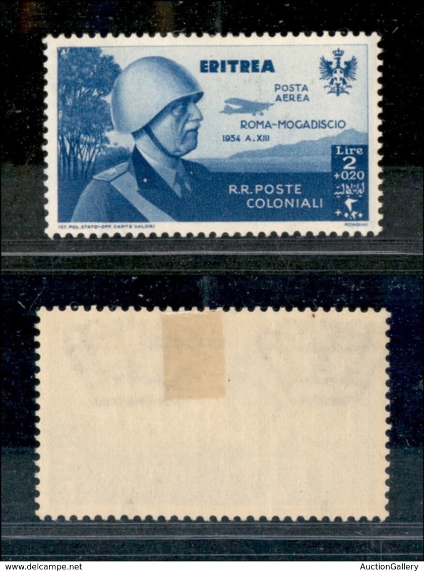 COLONIE - ERITREA - 1934 - 2 Lire + 20 Cent Volo Roma Mogadiscio (2 Aerea) - Gomma Originale (20) - Sonstige & Ohne Zuordnung