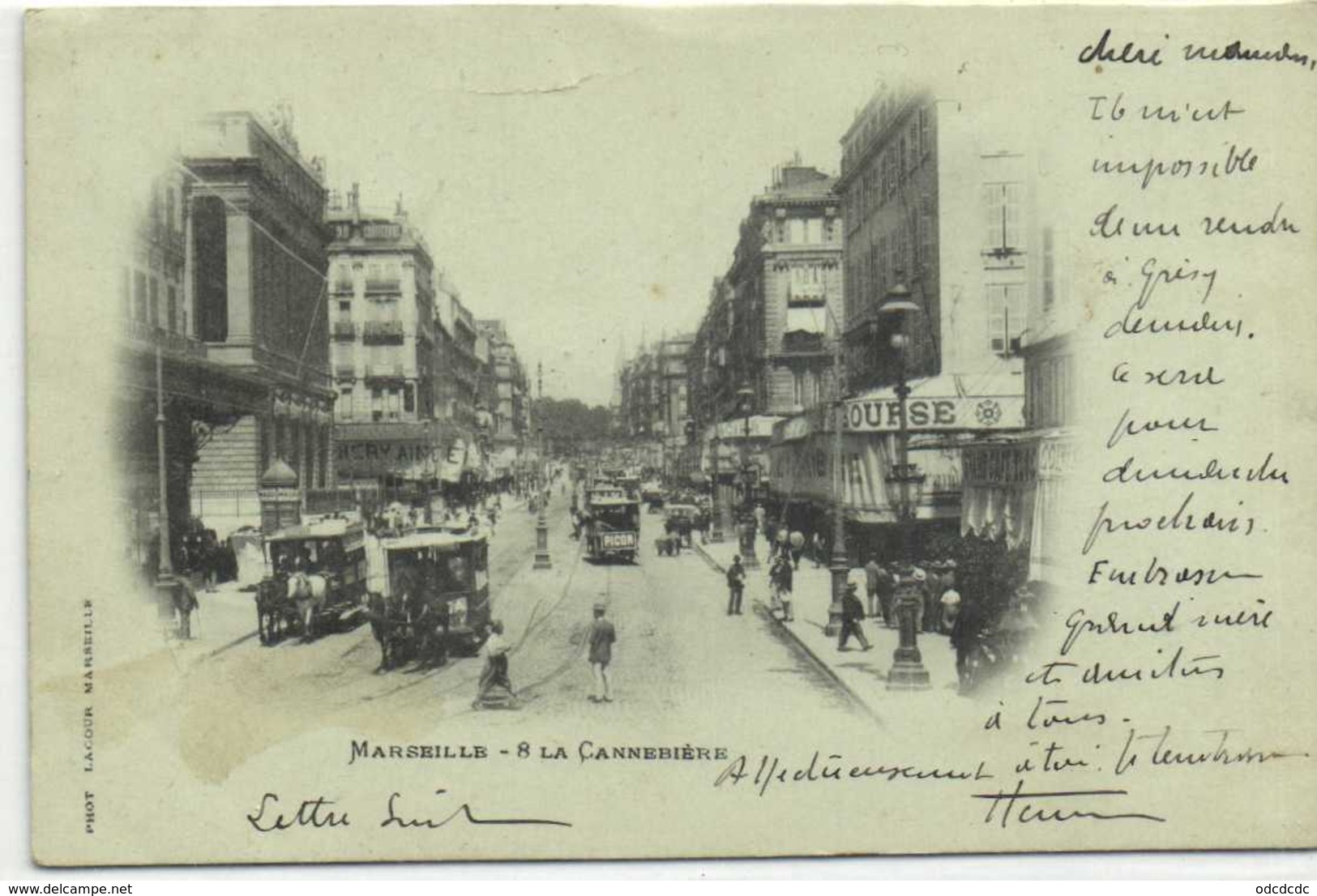 MARSEILLE  La Cannebière Trams à Chevaux RV Timbre 10C Beaux Cachets La Chambre Savoie - Canebière, Centre Ville