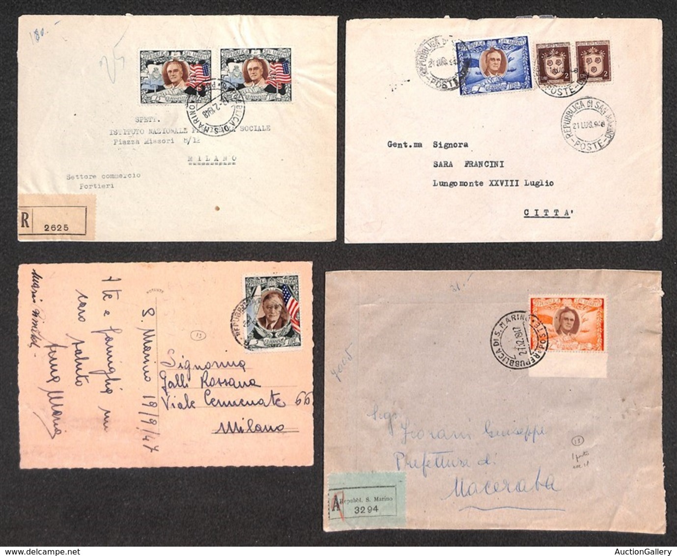 SAN MARINO - SAN MARINO - Roosevelt - 1947/1948 - Tre Buste E Una Cartolina Con Diverse Affrancature Dell'emissione - Sonstige & Ohne Zuordnung