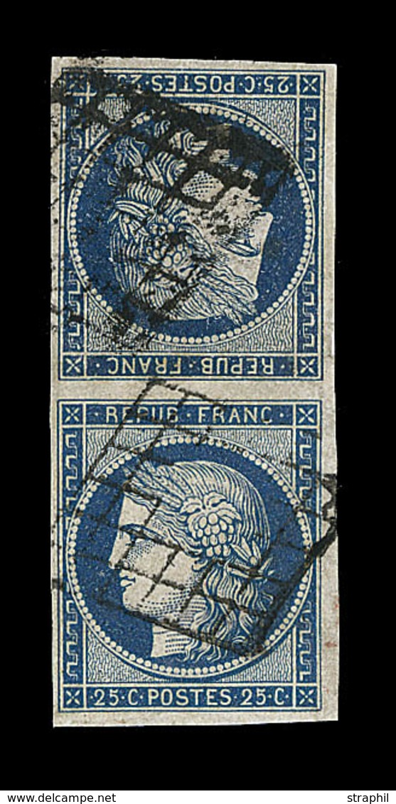 O EMISSION CERES 1849 - O - N°4 - Tête-bêche Vertical - Bleu Foncé - Obl. Grille - Réparé - TB - 1849-1850 Ceres