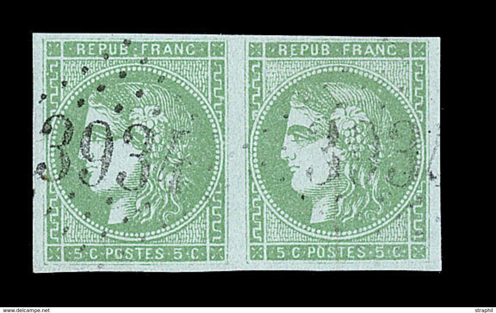 O EMISSION DE BORDEAUX - O - N°42Bi - Paire - Vert émeraude Clair - Obl. GC 3934 - Signé Baudot - TB/SUP - 1870 Bordeaux Printing