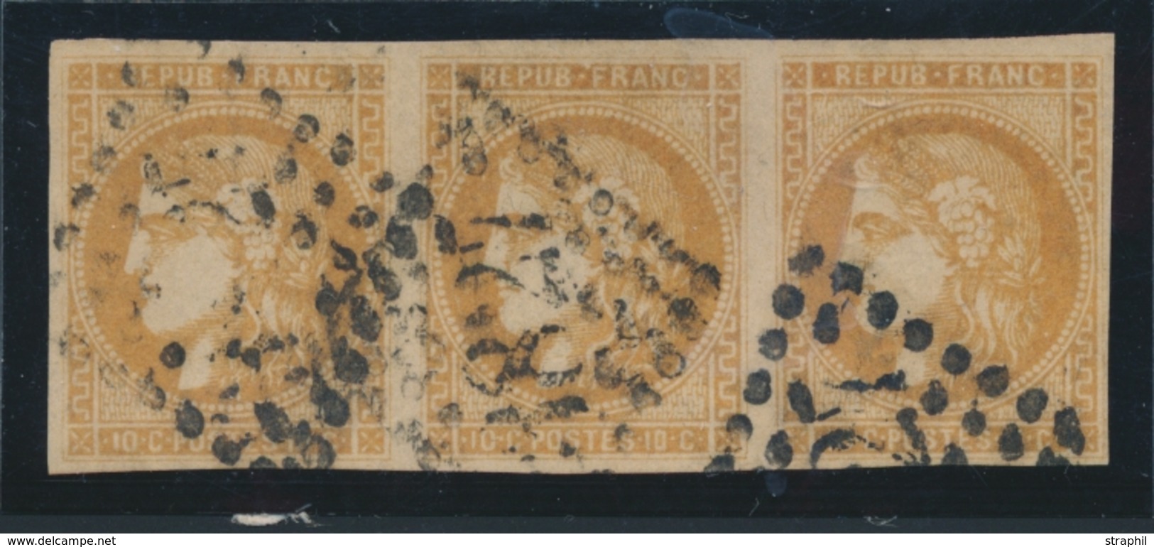 O EMISSION DE BORDEAUX - O - N°43B - Bistre Brun - Bde Horizontale De 3 - Signé Brun - TB - 1870 Bordeaux Printing