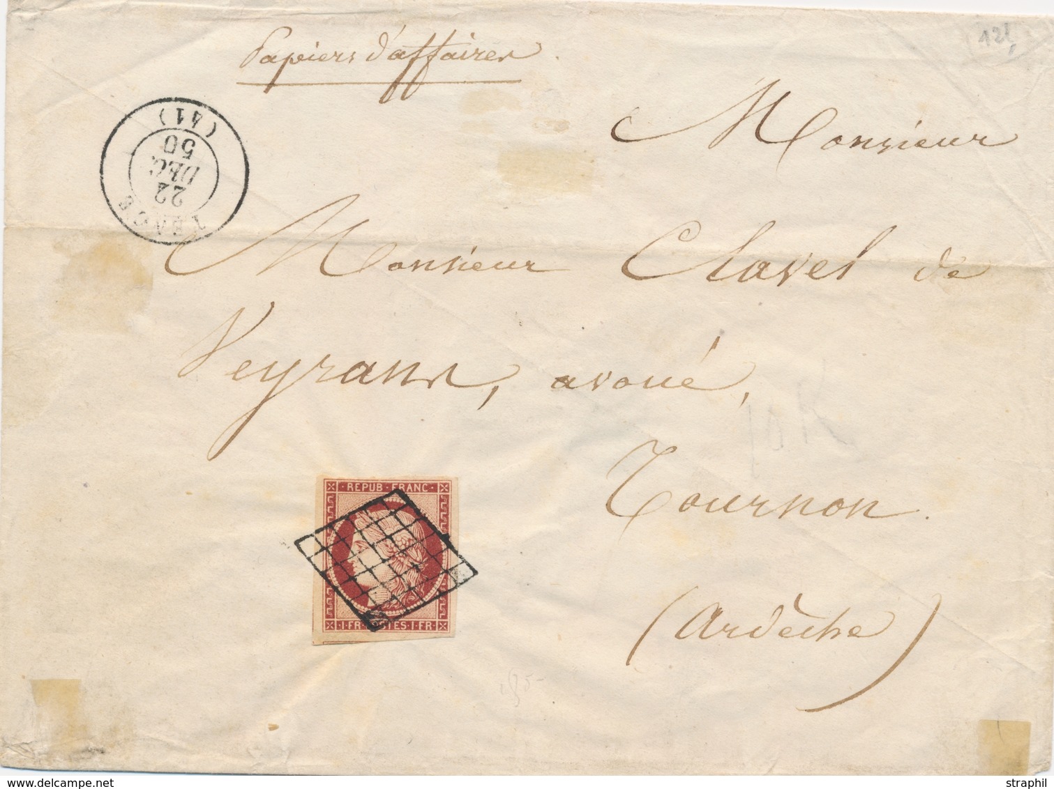 L N°6 - 1F Carmin - Obl Grille S/env. De Papiers D'affaire - CàD Tence - 22/12/50 - TB - 1849-1876: Classic Period