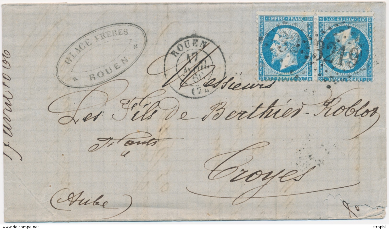 L N°22b - 20c Bleu - Paire - Tête Bêche - Obl. GC 3219 (Rouen) - Pr Troyes - Cachet D'arrivée Au Verso - TB - 1849-1876: Klassik