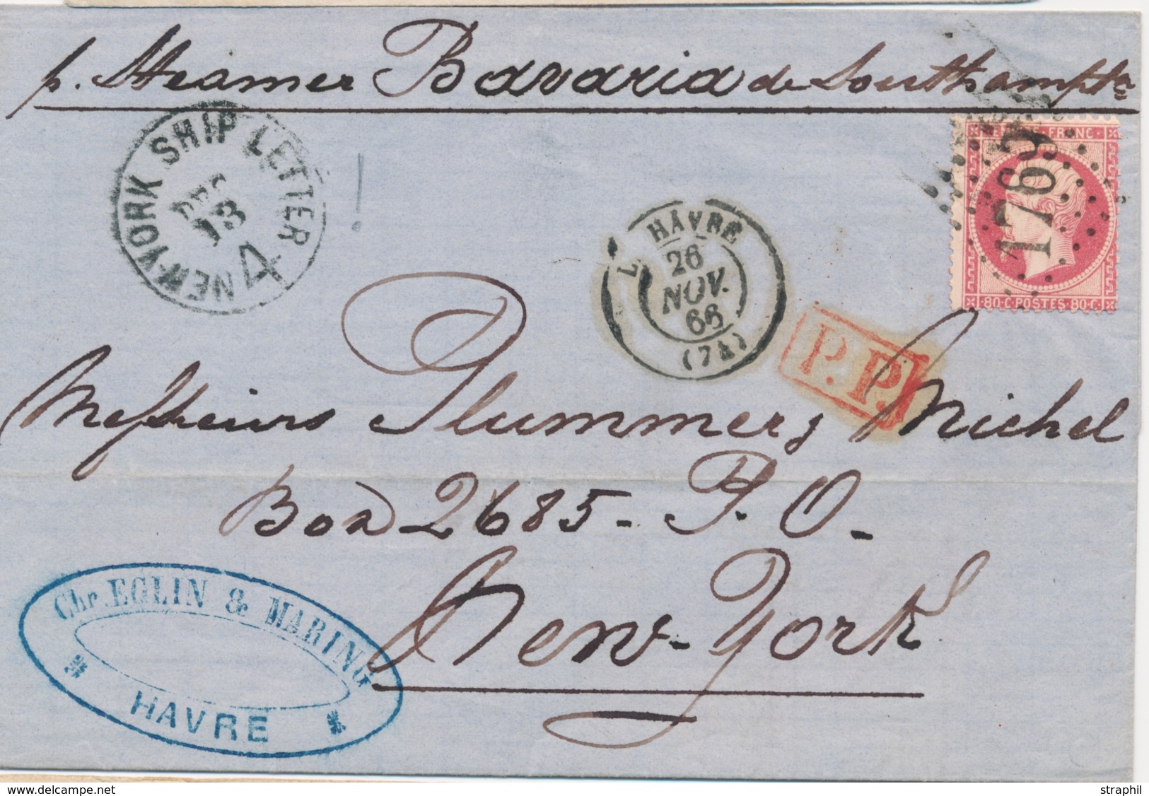 LSC N°24 - GC 1769 + T15 Le Havre 26 Nov 66 + PP -  P. New-York Au Recto CA New-York Ship Letter 4 - TB - 1849-1876: Classic Period