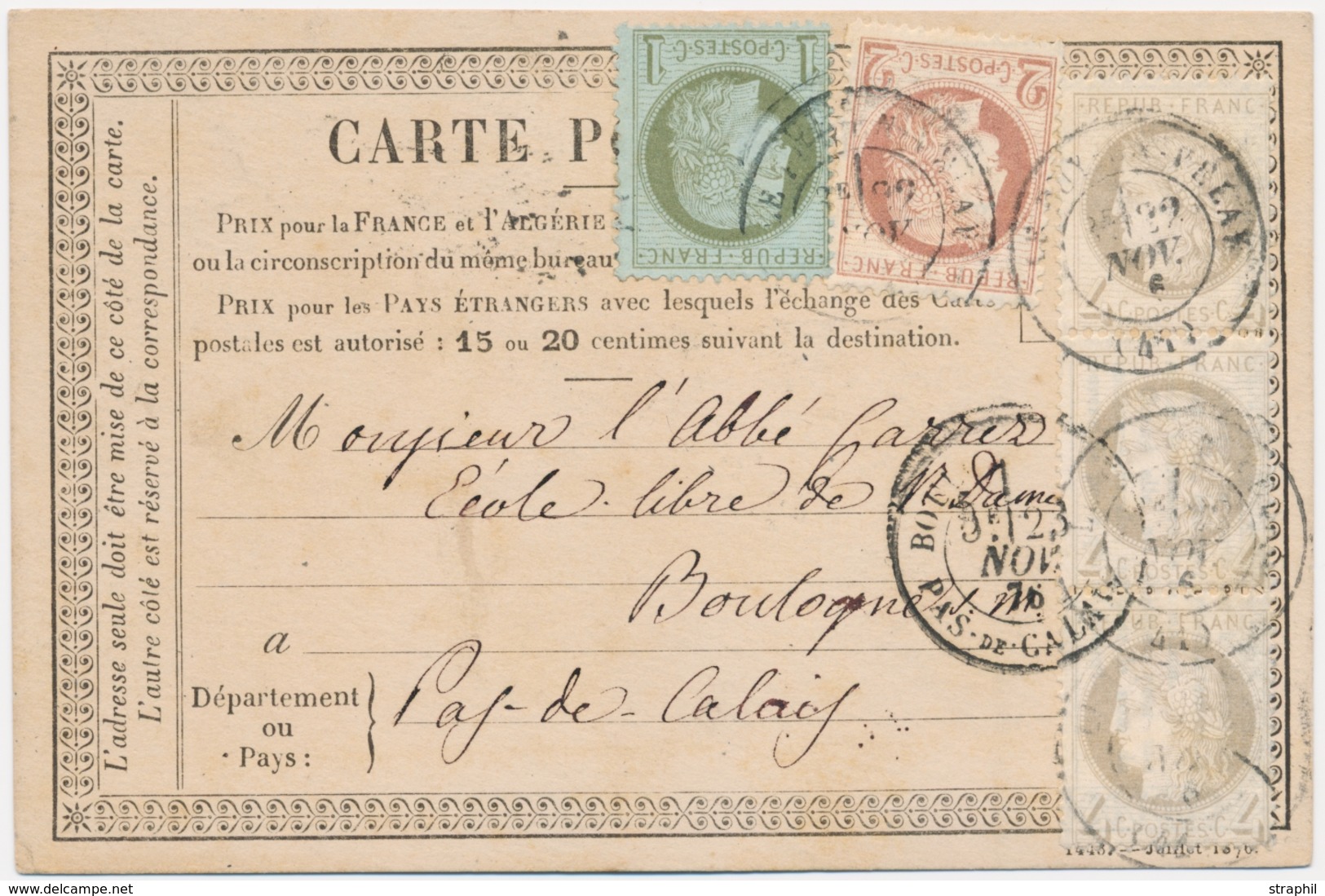 CP N°50/51 - S/carte Précurseur - N°53 Bde De 3 Verticale - Obl. Le Puy En Velay - 22 Nov.76 - Pr Boulogne S/Mer - TB - 1849-1876: Klassik