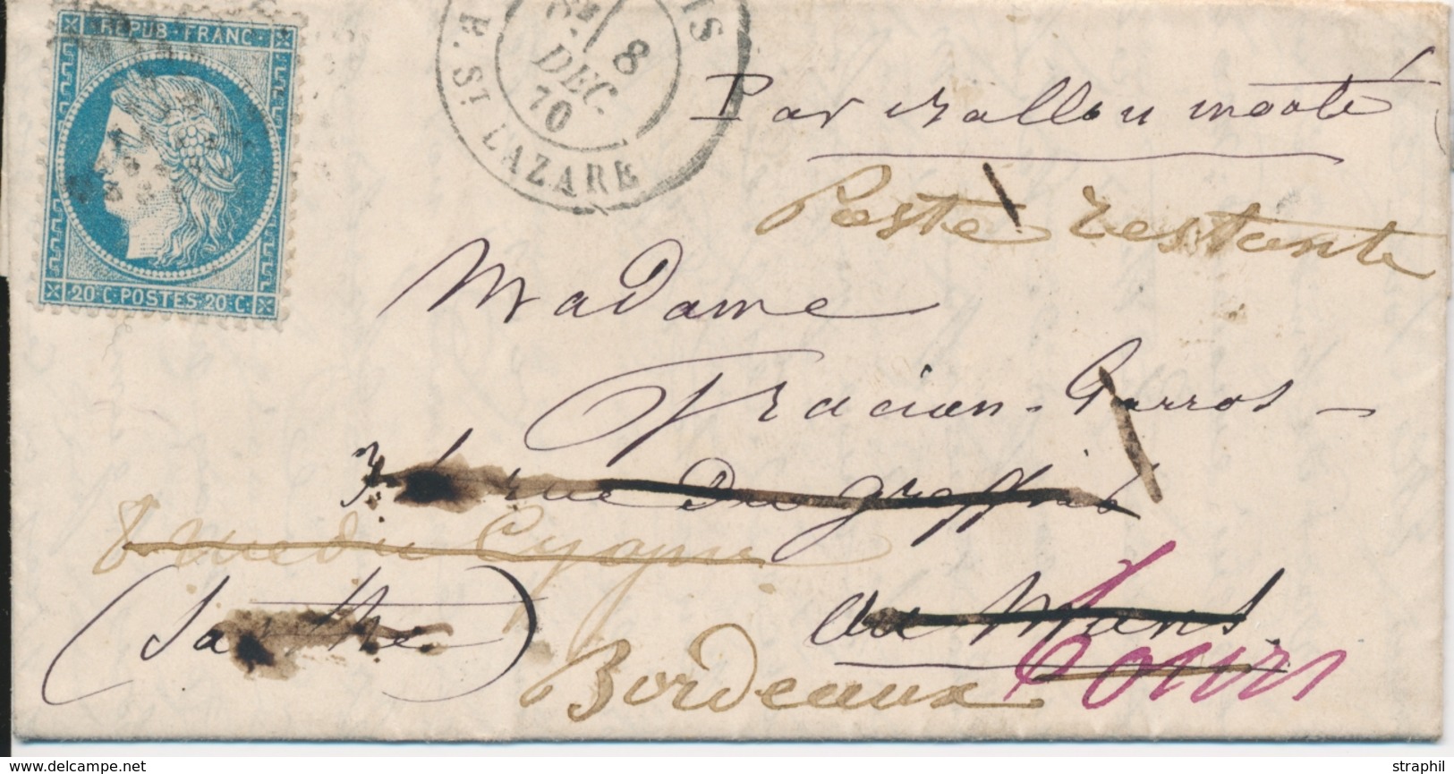 LAC BALLONS MONTES - LAC - Le GENERAL RENAULT - LMM Du 8.12.70 - Etoile 2 Sur N°37 - CaD Rare St Lazare - Arrivée LE MAN - War 1870