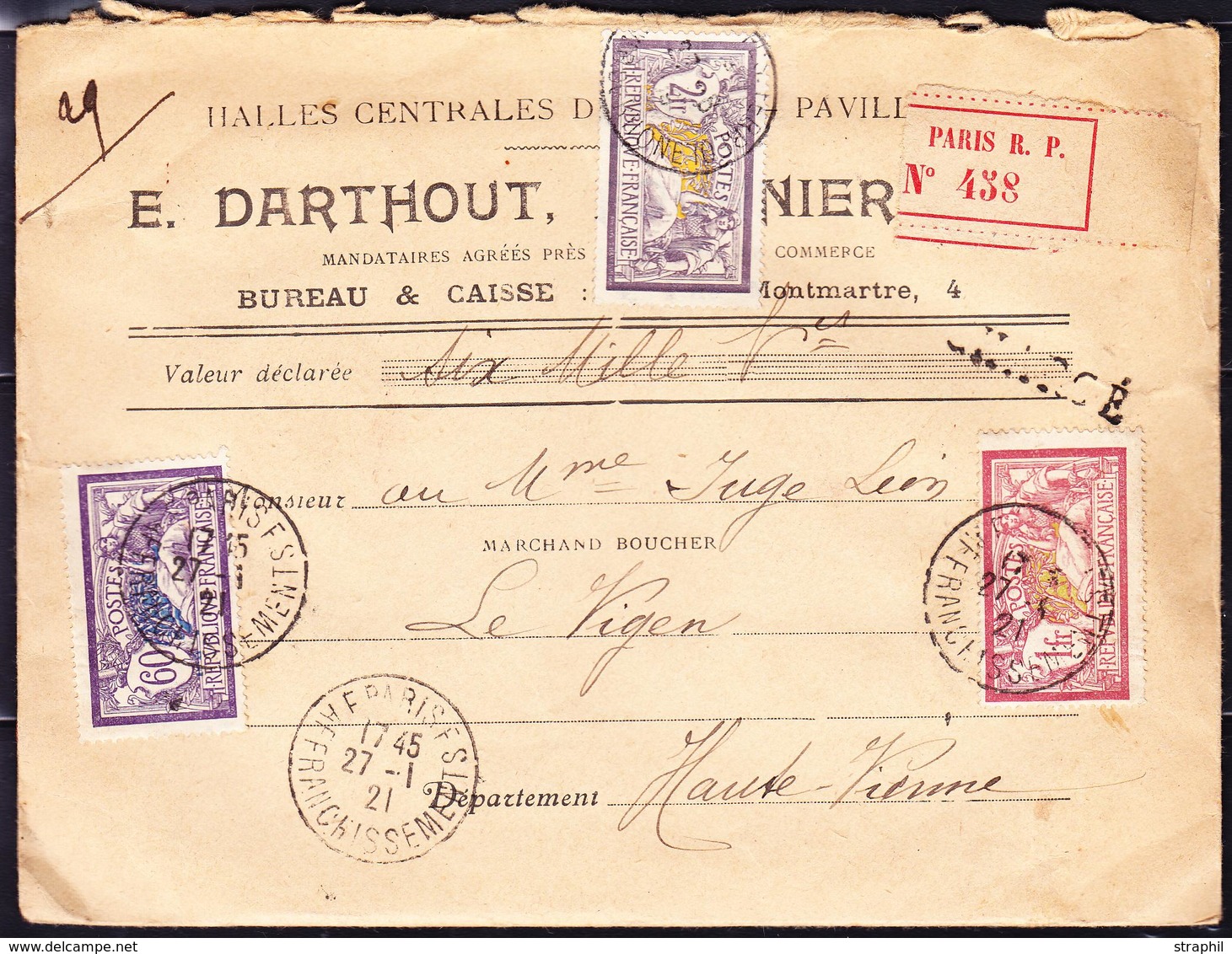 (*) TYPE MERSON - (*) - N°122 - Merson + Divers S/lettre Chargée 27. 1. 21 - TB - 1900-27 Merson