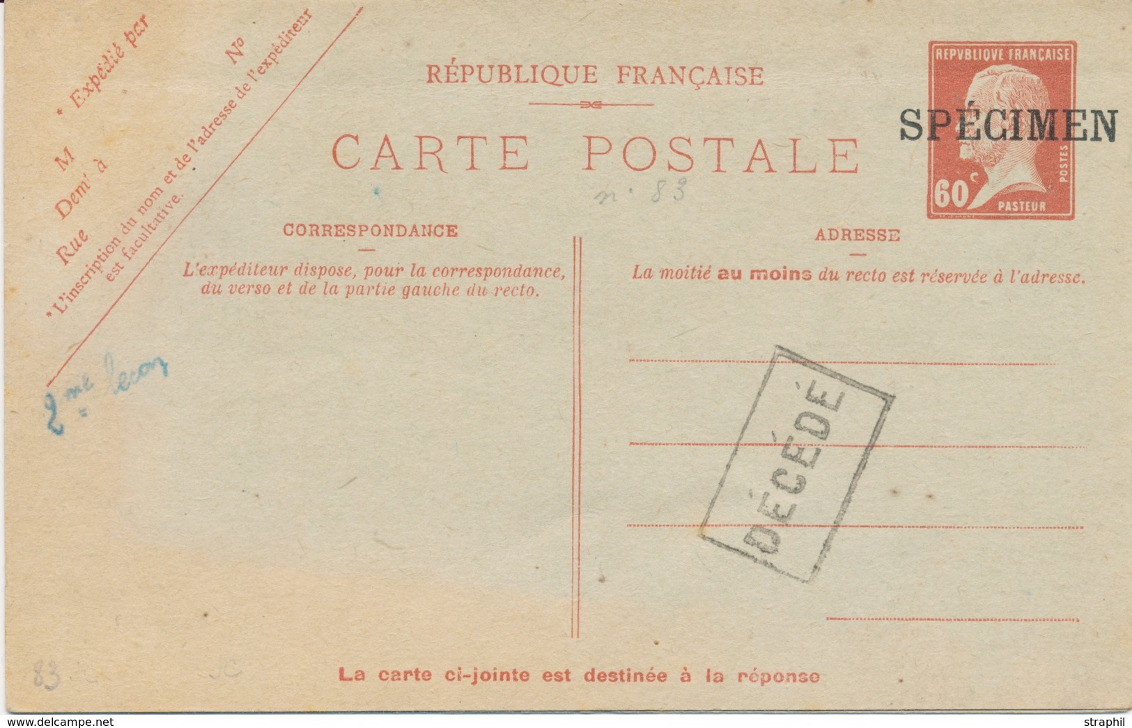 EP ENTIERS POSTAUX (Réf. YVERT/TELLIER) - EP - 60c Rouge PASTEUR CPRP1 - Carte Réponse - Surch. SPECIMEN + Limoges Cours - Letter Cards