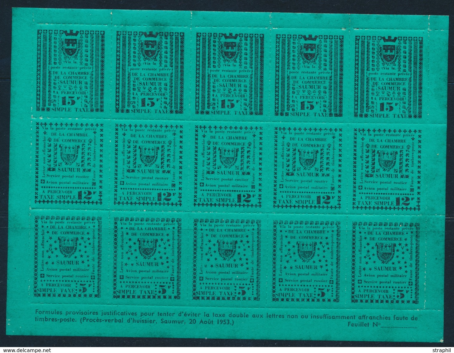 ** TIMBRES DE GREVE (REF. MAURY) - ** - N°4/6 - SAUMUR - Feuillet De 3 Bdes De 5 S/Fond Vert - B/TB - Other & Unclassified