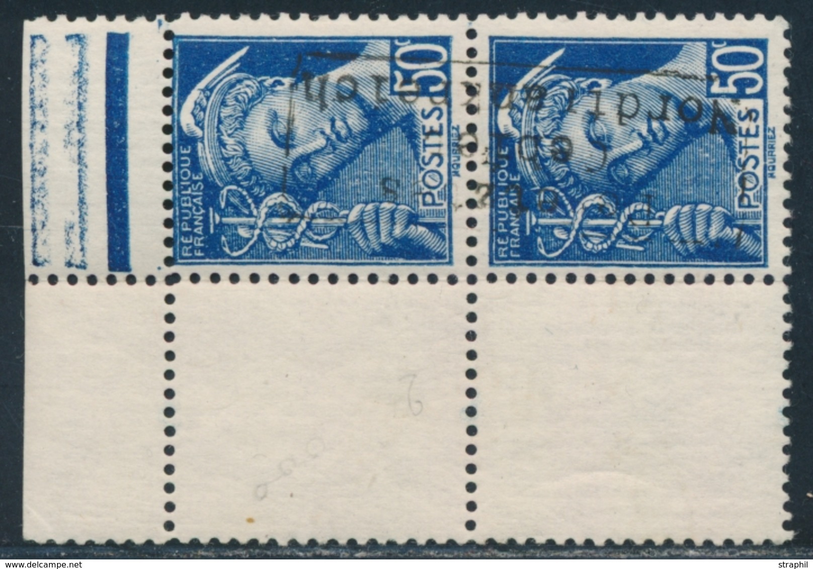 ** COUDEKERQUE - ** - N°7 - 50c Bleu - BDF + Interpanneau - Signé A. Brun - TB - War Stamps