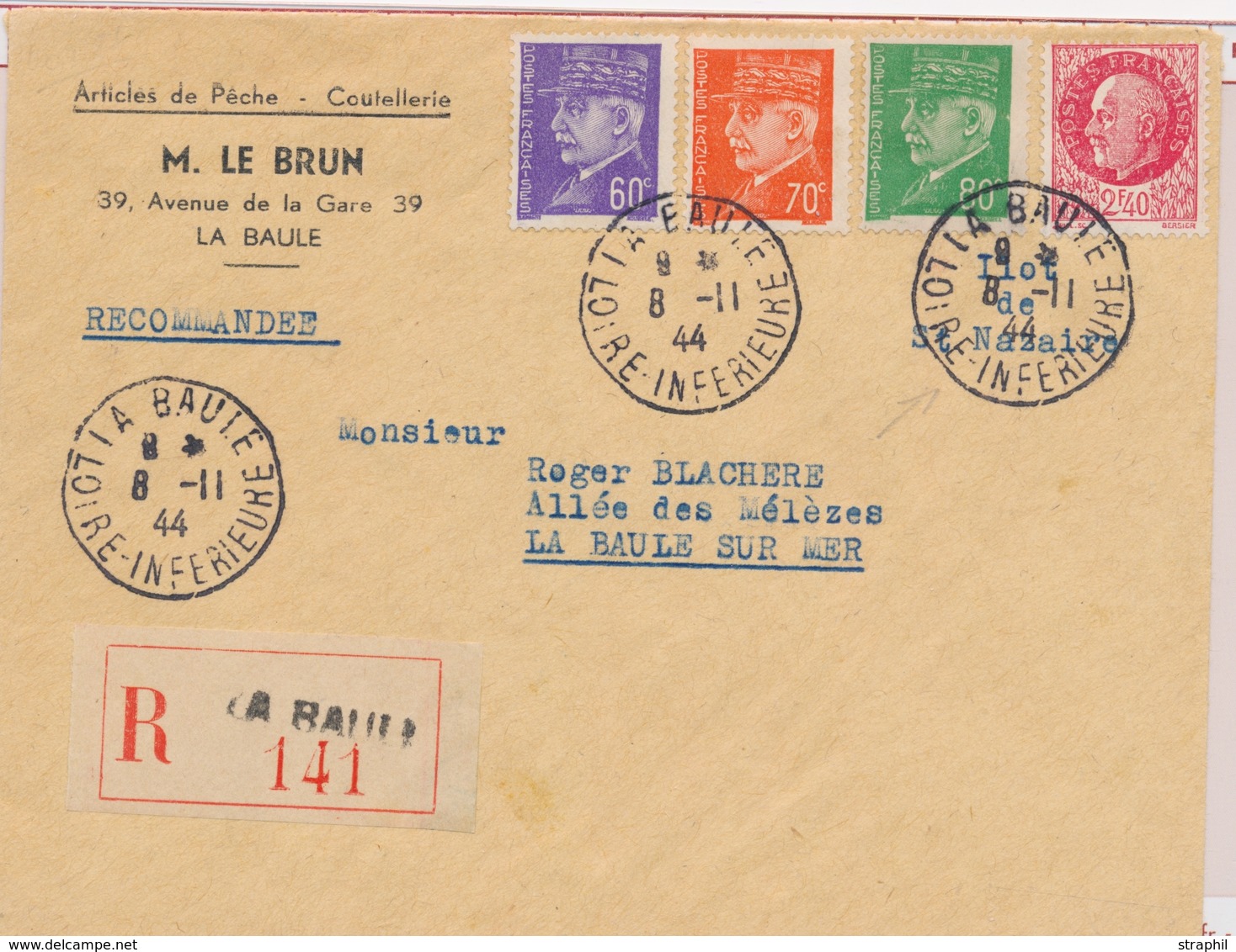 L POCHE DE SAINT NAZAIRE - L - Pli Rec. De La Baule - 8/11/44 - Afft 4 Pétain (4F50) - Pour La Baule - TB - War Stamps