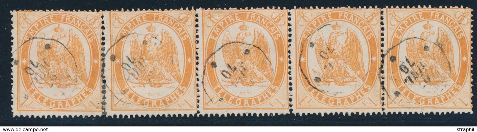 O TIMBRES - TELEGRAPHE - O - N°7 - 1F Orange - Bande De 5 - Rare - TB - Telegraph And Telephone