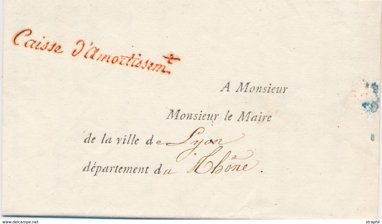 LAC FRANCHISES - LAC - Caisse D' Amort. (Rge) S/Pli Du 12 Juin 1827 Pour Le Maire De LYON - Au Verso, Sceau De La Caisse - 1801-1848: Vorläufer XIX