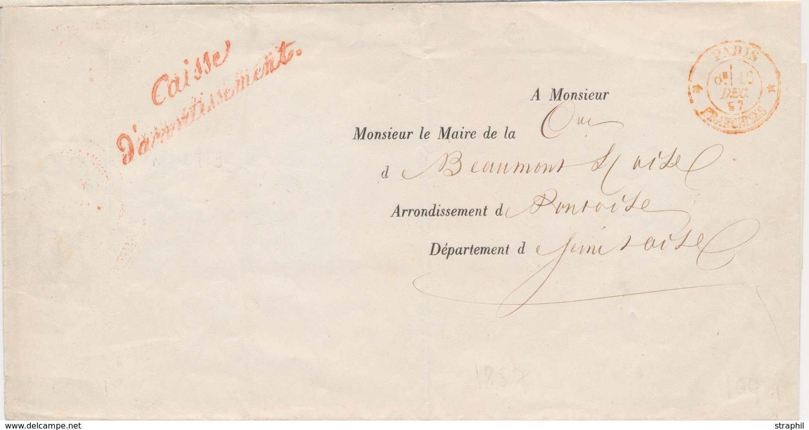 LAC FRANCHISES - LAC - Caisse D' Amort. (Rge) S/Pli De PARIS Du 10/12/ 1857 Au Maire De Pontoise - Au Verso, Sceau Dela  - 1801-1848: Precursors XIX