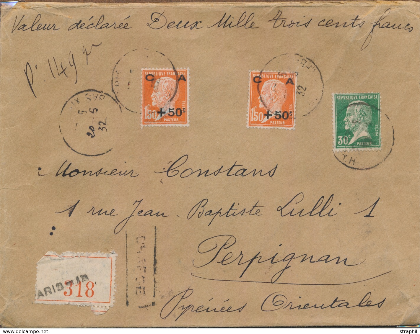 L CA Sur Lettre - L - N°248 (x2), N°174 - Obl. PARIS - 20/5/32 - S/Pli. Chargé Pr PERPIGNAN - TB - Covers & Documents