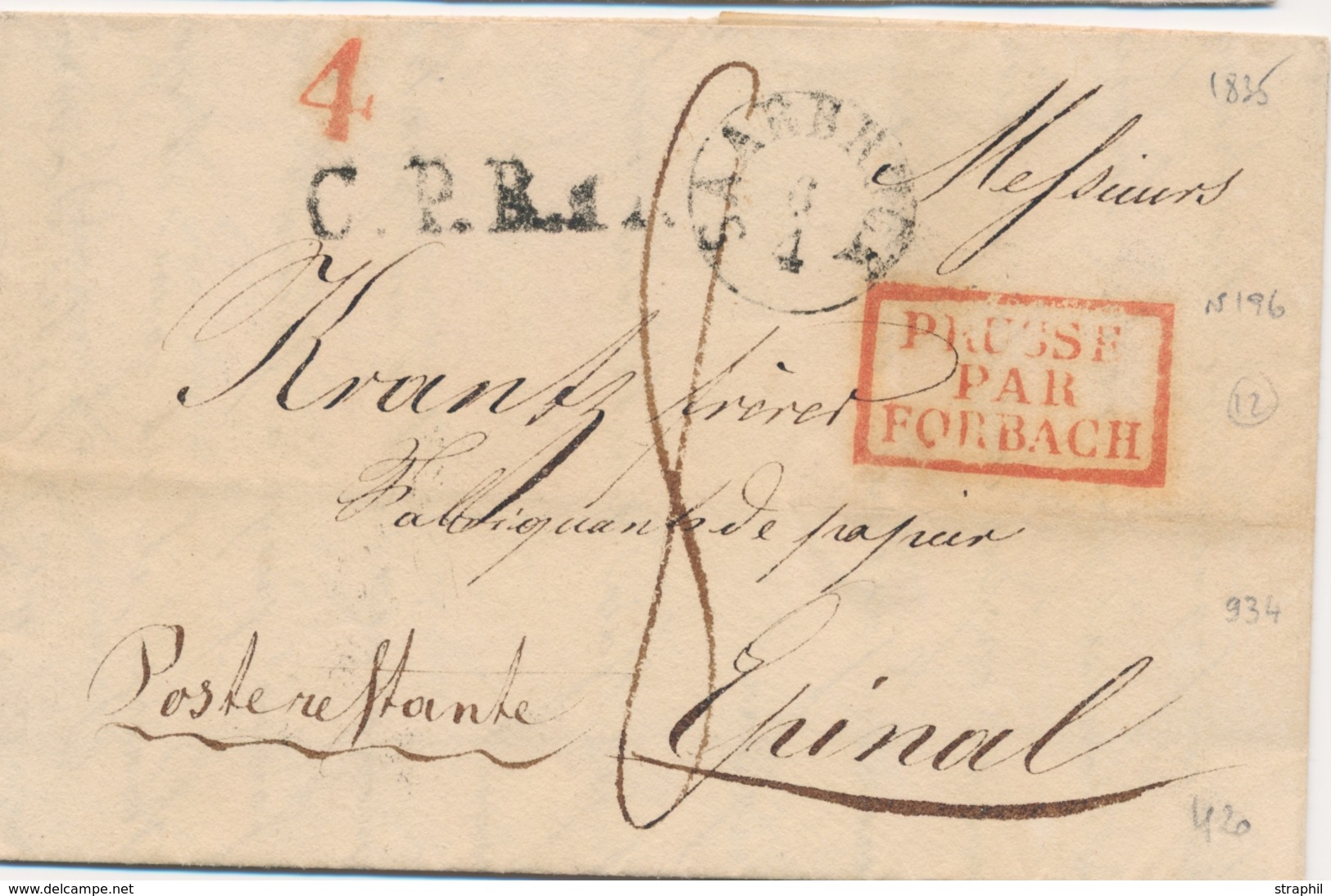 LAC MARQUES D'ENTREE (N° Noël) - LAC - N°196 - Prusse Par Forbach Rouge + Saarbruck 6/4 (1835) + Taxes P. Epinal - 1801-1848: Vorläufer XIX