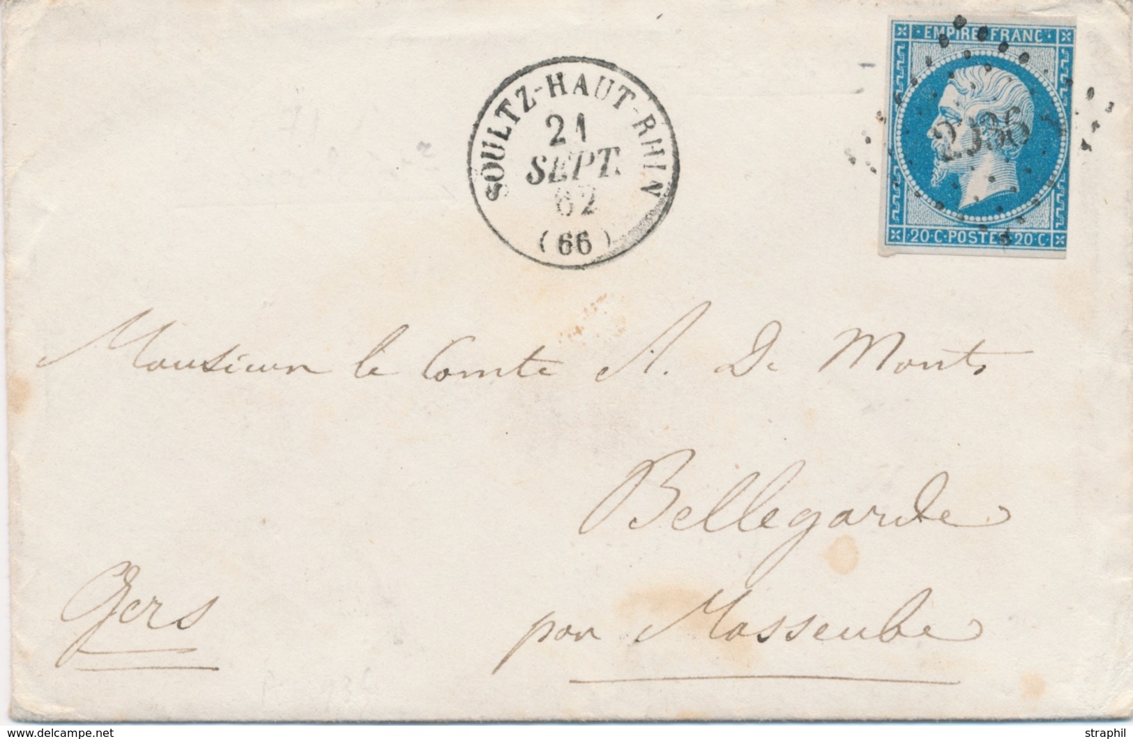 LAC PERIODE 1849-70 - HAUT-RHIN (Dépt 66) - LAC - N°14A - Obl. PC 52 - T15 - ALTKIRCH - 7/10/60 - Pr Colmar - TB - Covers & Documents