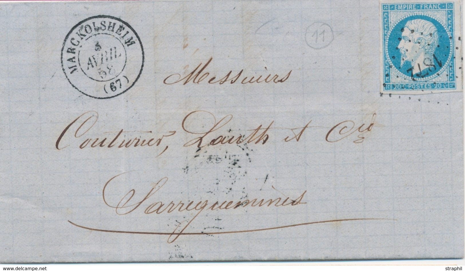 LAC PERIODE 1849-70 - BAS-RHIN (Dépt 67) - LAC - N°14 - PC 1872 + T15 Marckolsheim 8 Avril 58 - TB - Covers & Documents