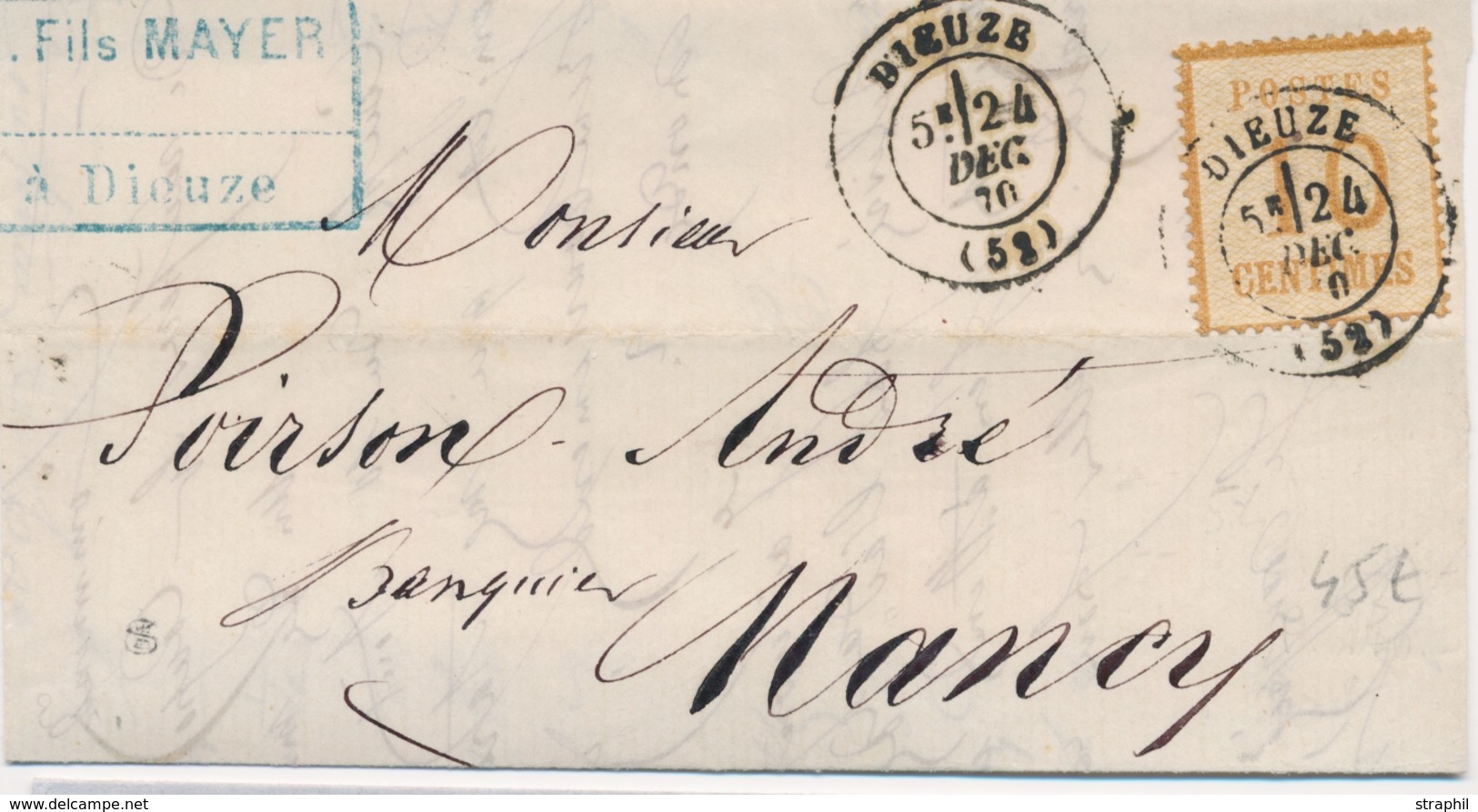 DEV TIMBRES D'ALS-LOR SUR LETTRE (1870-71) - DEV - N°5 Obl Dieuze - 24/12/70 - Pr Nancy - TB - Other & Unclassified