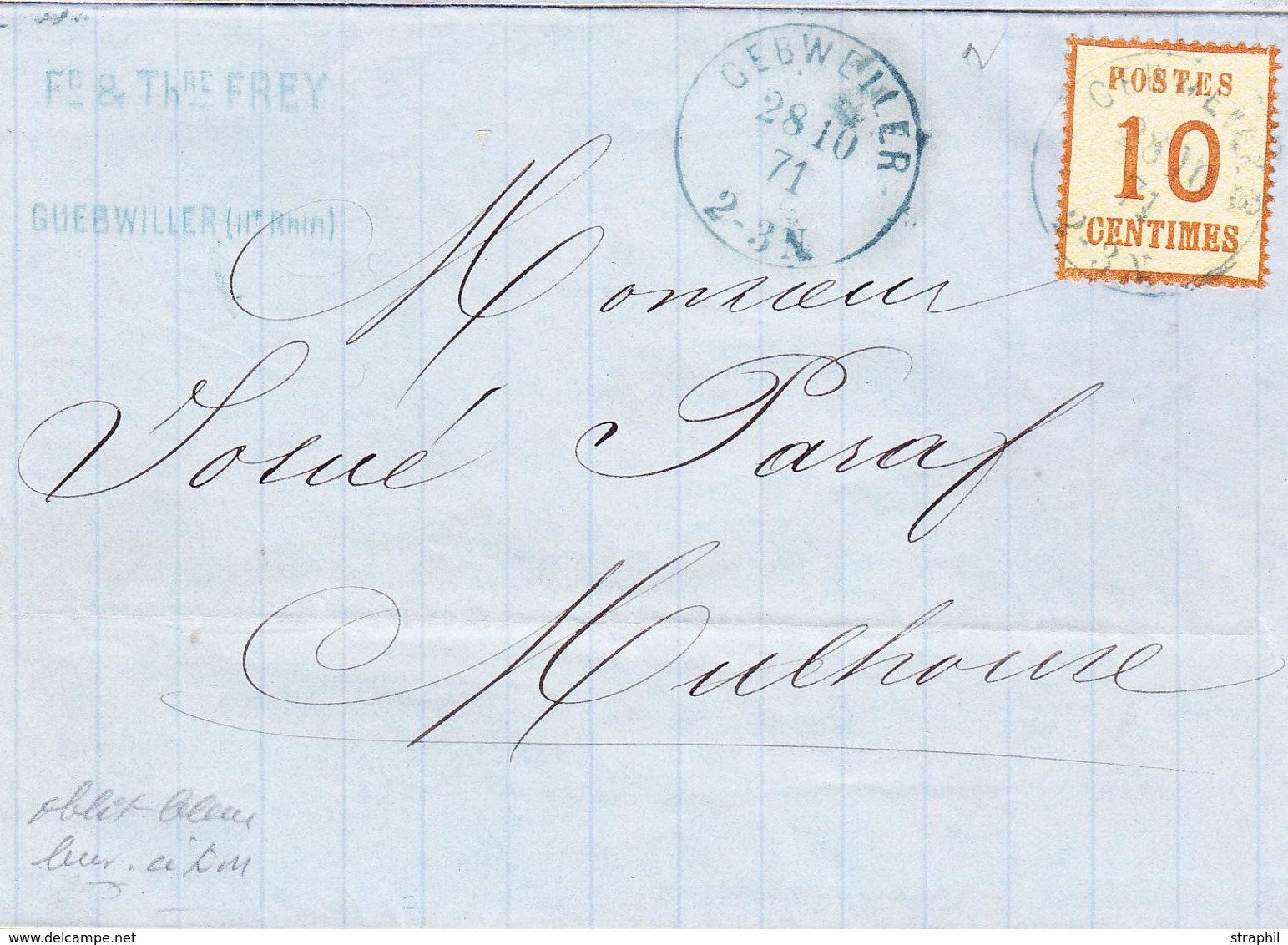 LSC TIMBRES D'ALS-LOR SUR LETTRE (1870-71) - LSC - N°5 - Obl Geibweiller (bleu) 28/10/71 - Type 111 - TB - Other & Unclassified