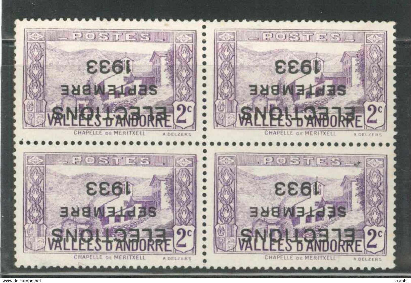 (*) ANDORRE  - (*) - N°25A - 2c Violet - Bloc De 4 - Surch. Election Septembre 1933 Renversée - TB - Unused Stamps