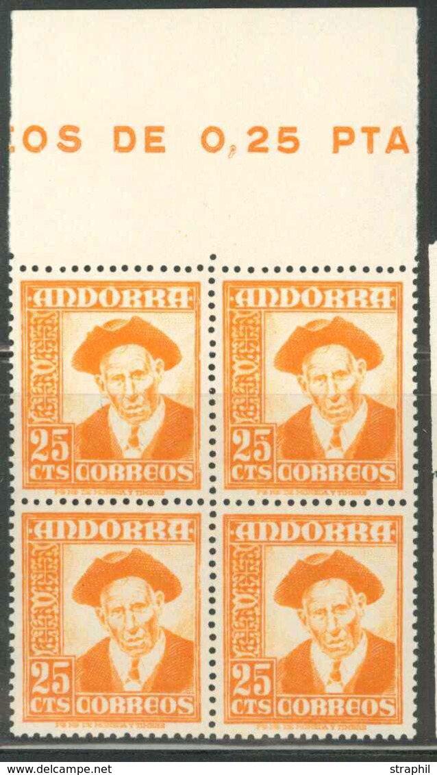 ** ANDORRE ESP. - ** - N°44 - 25c Orange - Bloc De 4 - BDF Complet - TB/SUP - Unused Stamps