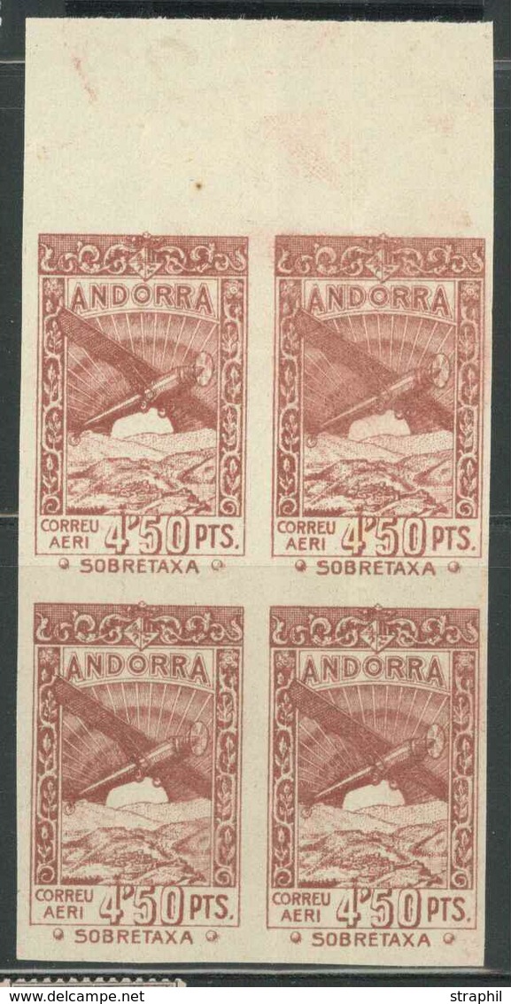 (*) ANDORRE ESP. POSTE AERIENNE - (*) - Mau N°1K - Bloc De 4 - BDF - 4F50 Brun Rouge - Non émis - TB - Unused Stamps