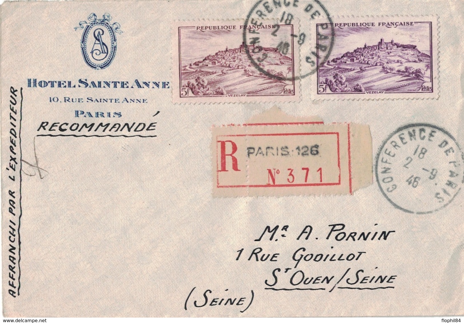 PARIS 126 - CACHET CONFERENCE DE PARIS 2-9-1946 - LETTRE RECOMMANDEE AVEC N°759 X 2 (COULEURS DIFFERENTES) - VARIETE. - Posttarieven
