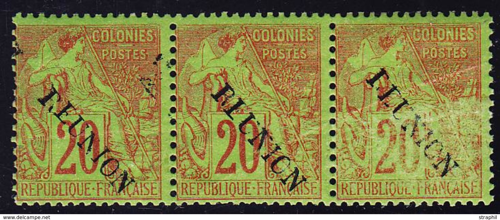 ** REUNION - ** - N°23 - 20c Brique S/vert - Bde De 3 - Variété De Surcharge - TB - Sonstige & Ohne Zuordnung