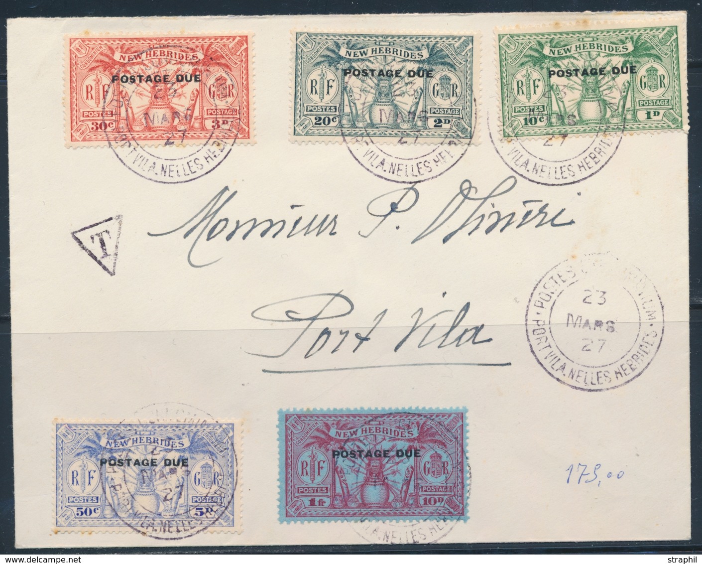 L NELLES HEBRIDES - TIMBRES TAXE - L - N°6/10 Obl Port Vila - 23/03/27 - TB - Vide